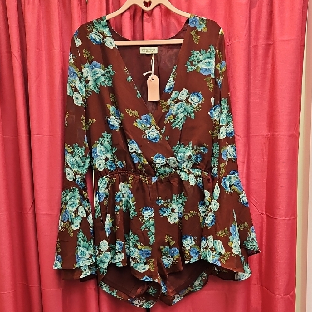 Burgundy & Blue Floral Bell Sleeve Romper